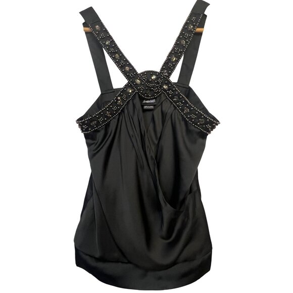 Fredericks Of Hollywood Black Tank Wrap Rhinestones  Small Keyhole Whimsy Goth - Picture 1 of 14
